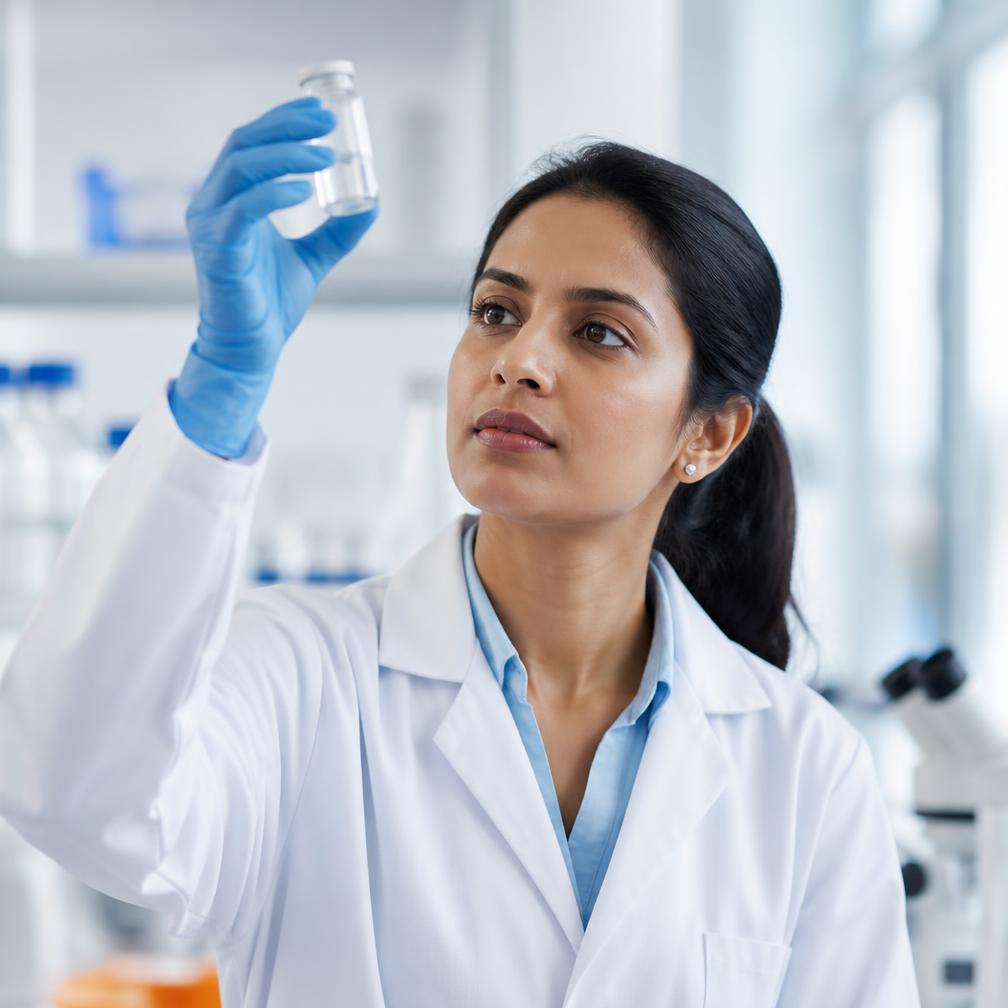Research analyst inspecting a reference vial