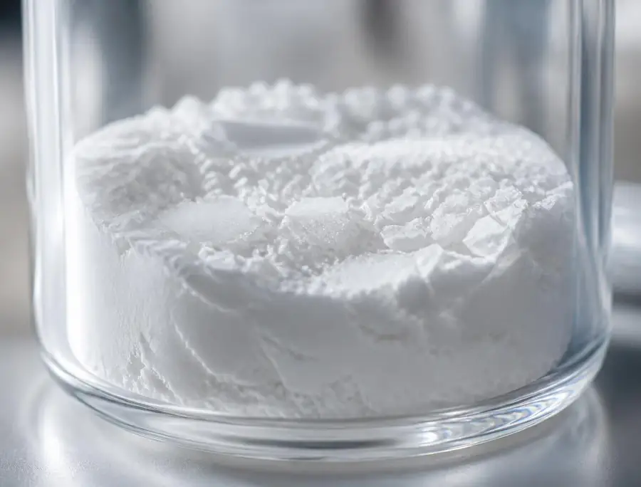 Macro photograph of a lyophilised peptide cake inside a sealed glass vial