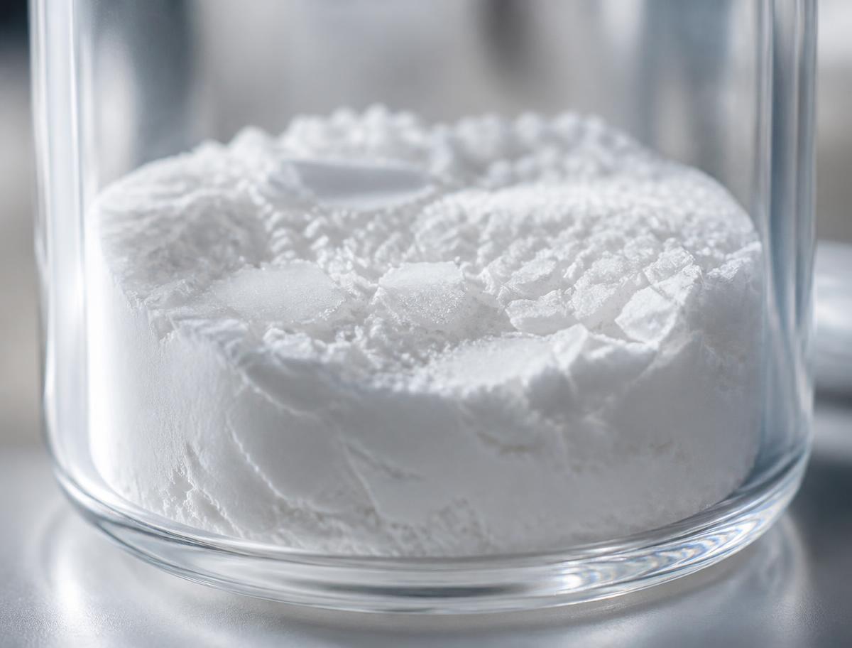 Macro photograph of lyophilised peptide powder inside a glass vial