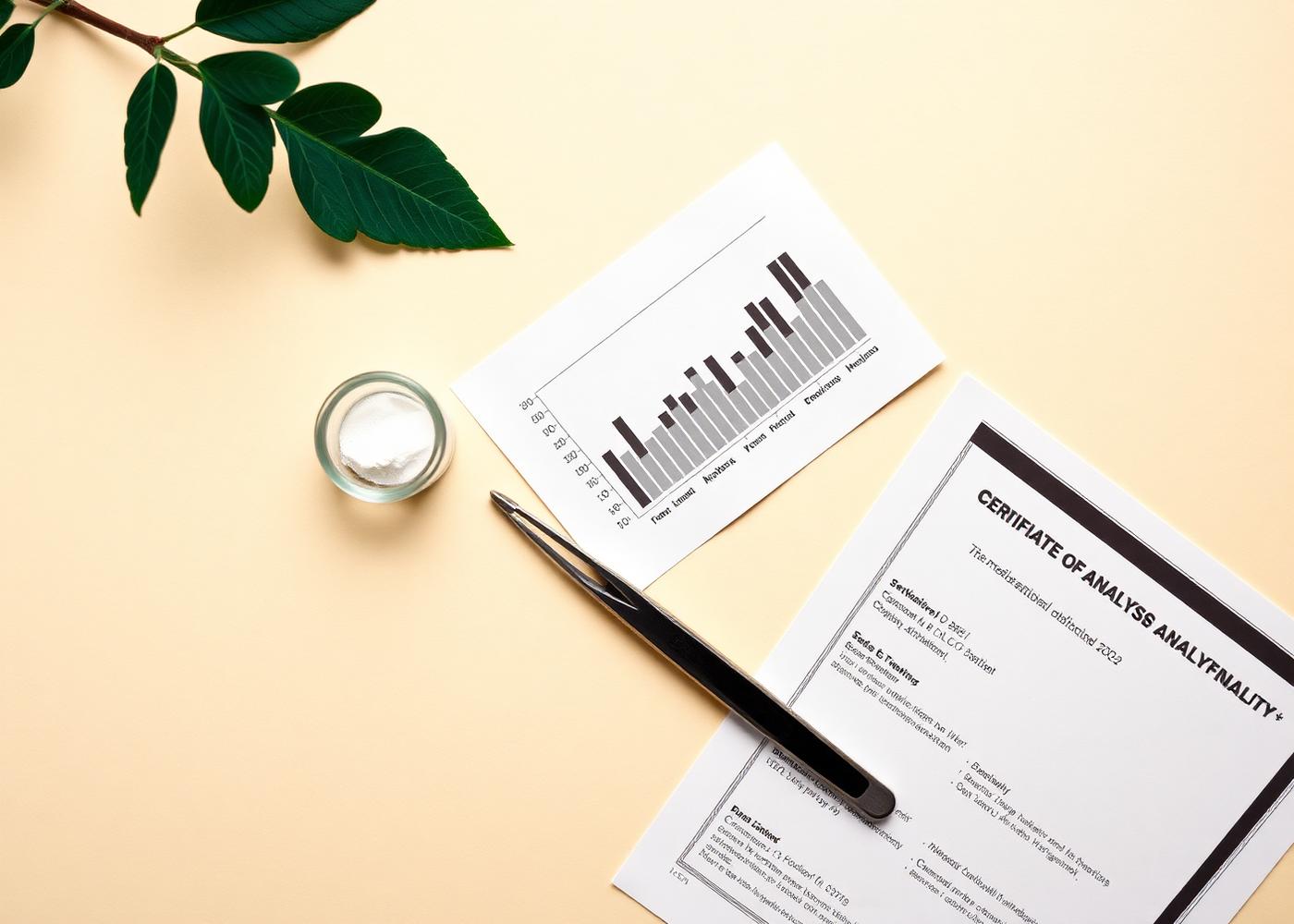 HPLC chromatogram and mass spectrometry readout alongside a research vial