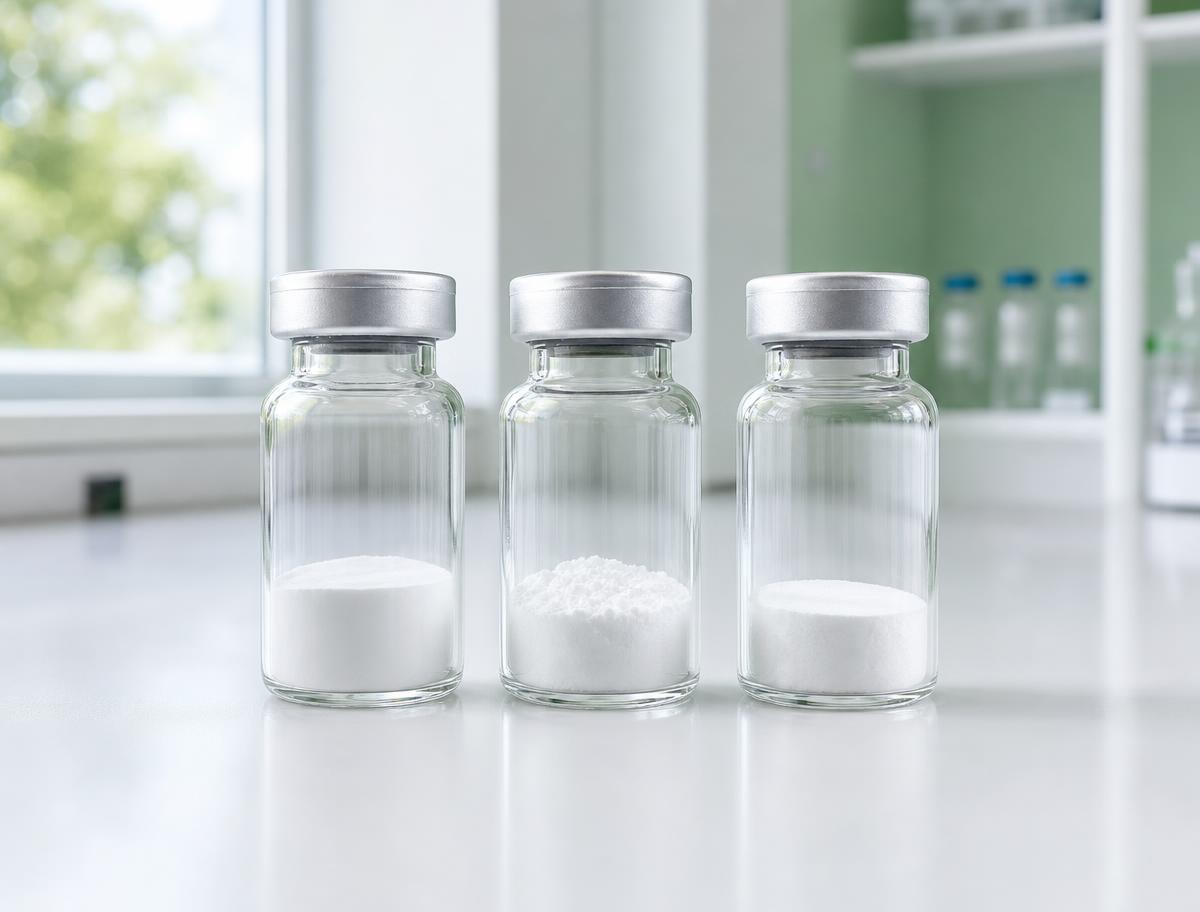 Crimp-sealed reference vials with lyophilised peptide powder