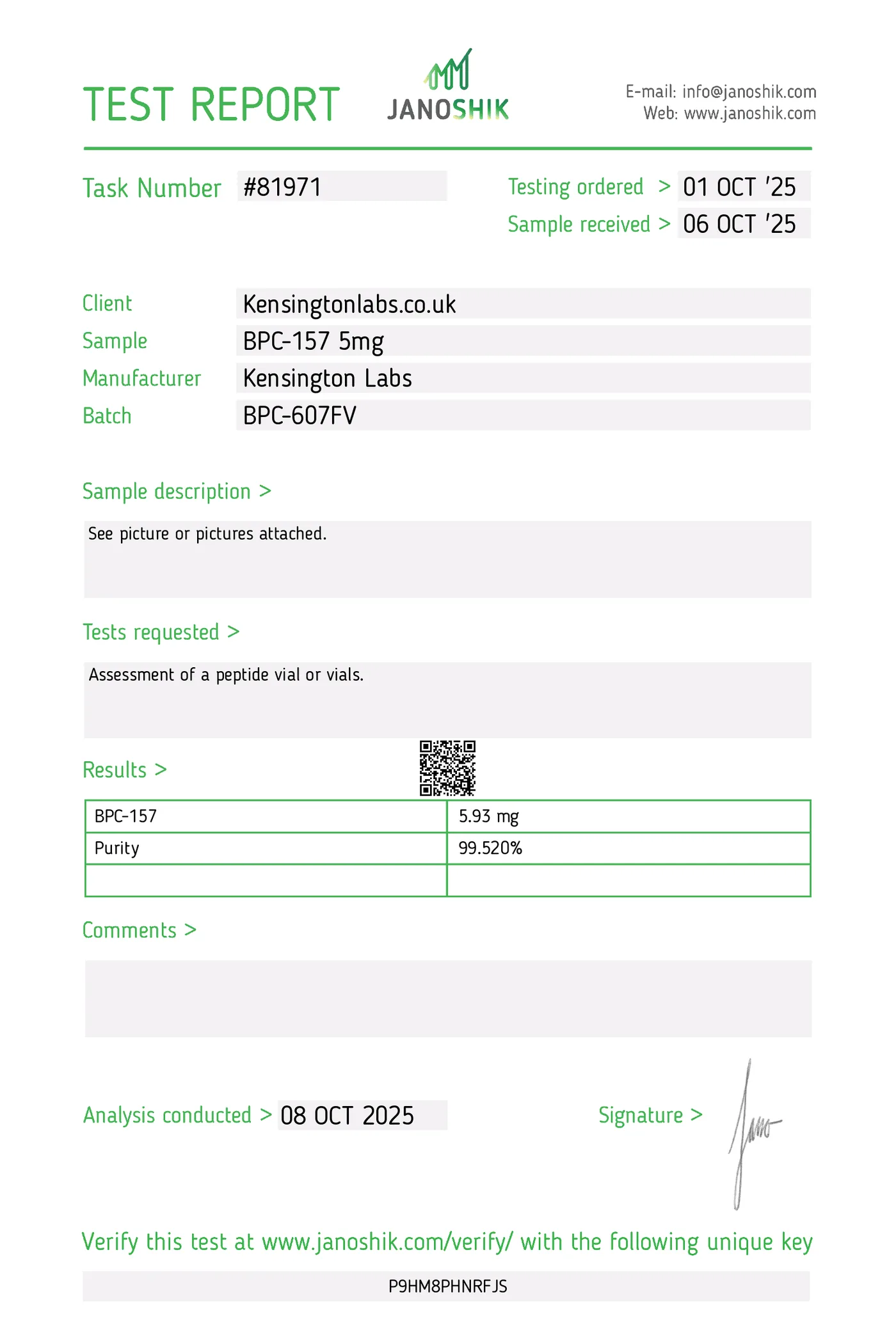 BPC-157 — 5mg certificate of analysis
