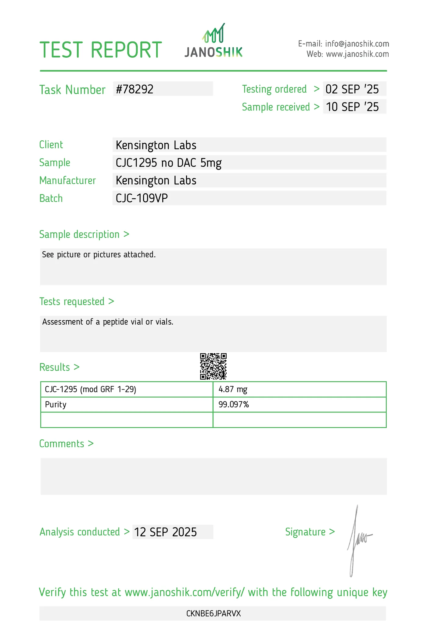 CJC-1295 (No DAC) — 10mg certificate of analysis