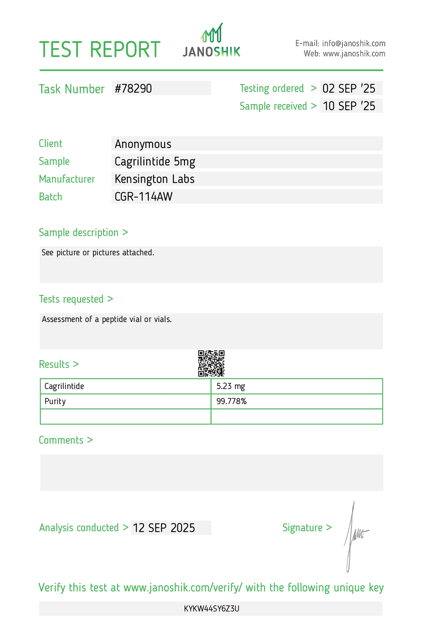 Cagrilintide — 5mg certificate of analysis
