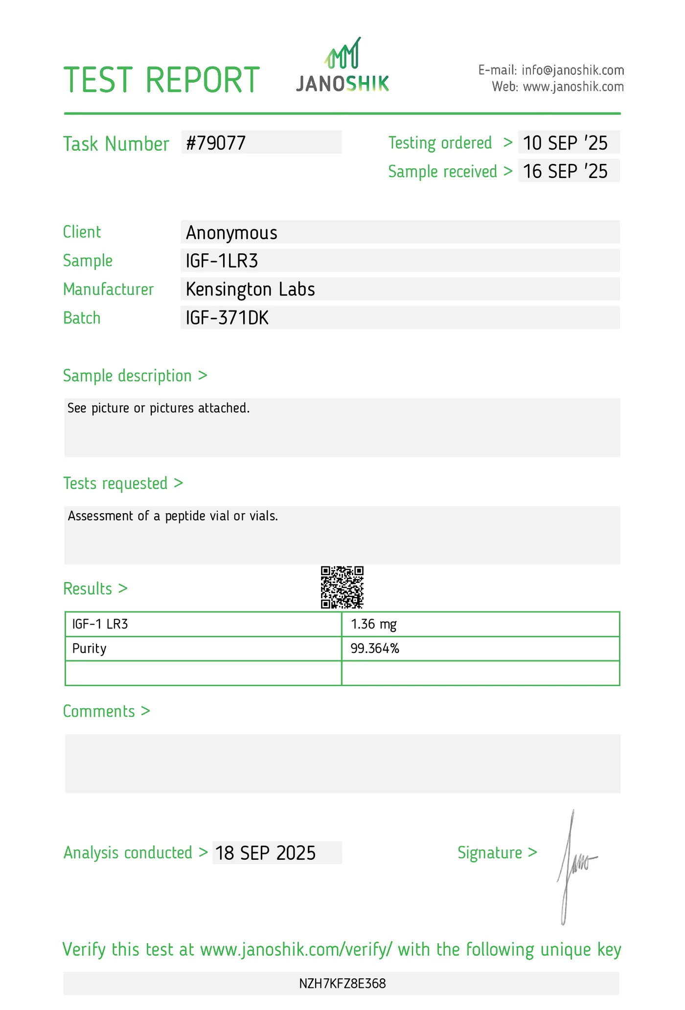 IGF-1 LR3 — 1mg certificate of analysis