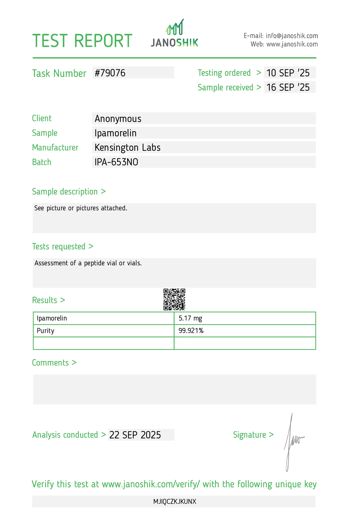 Ipamorelin — 10mg certificate of analysis