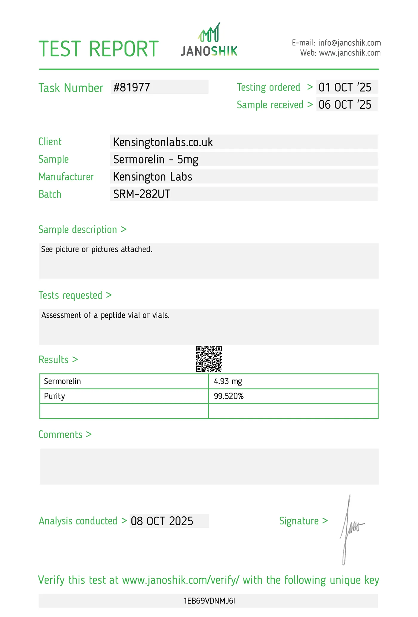 Sermorelin — 5mg certificate of analysis