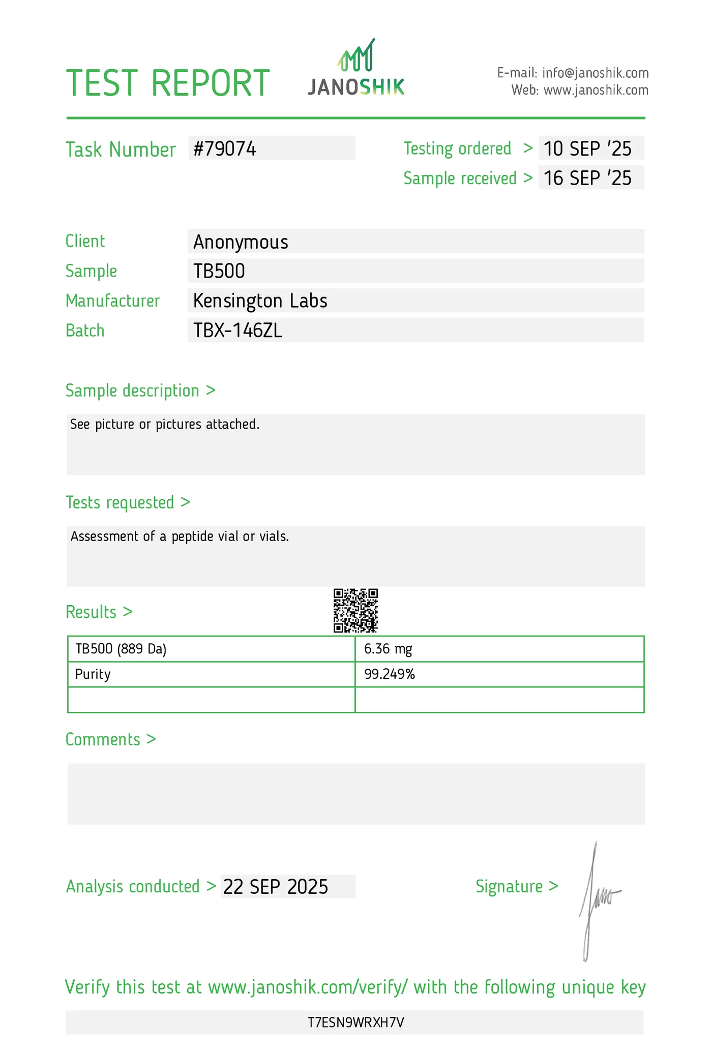 TB-500 — 5mg certificate of analysis